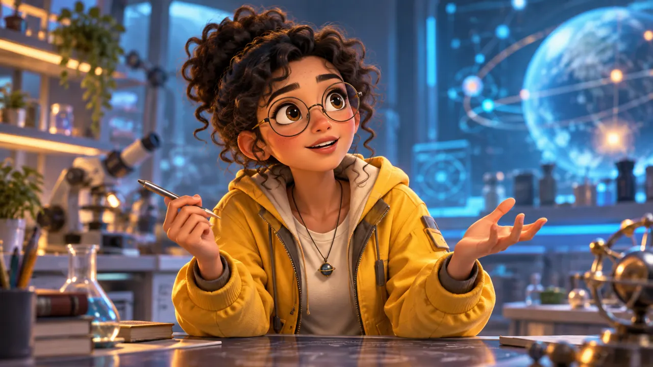 Jovem cientista de cabelo cacheado em animação 3D