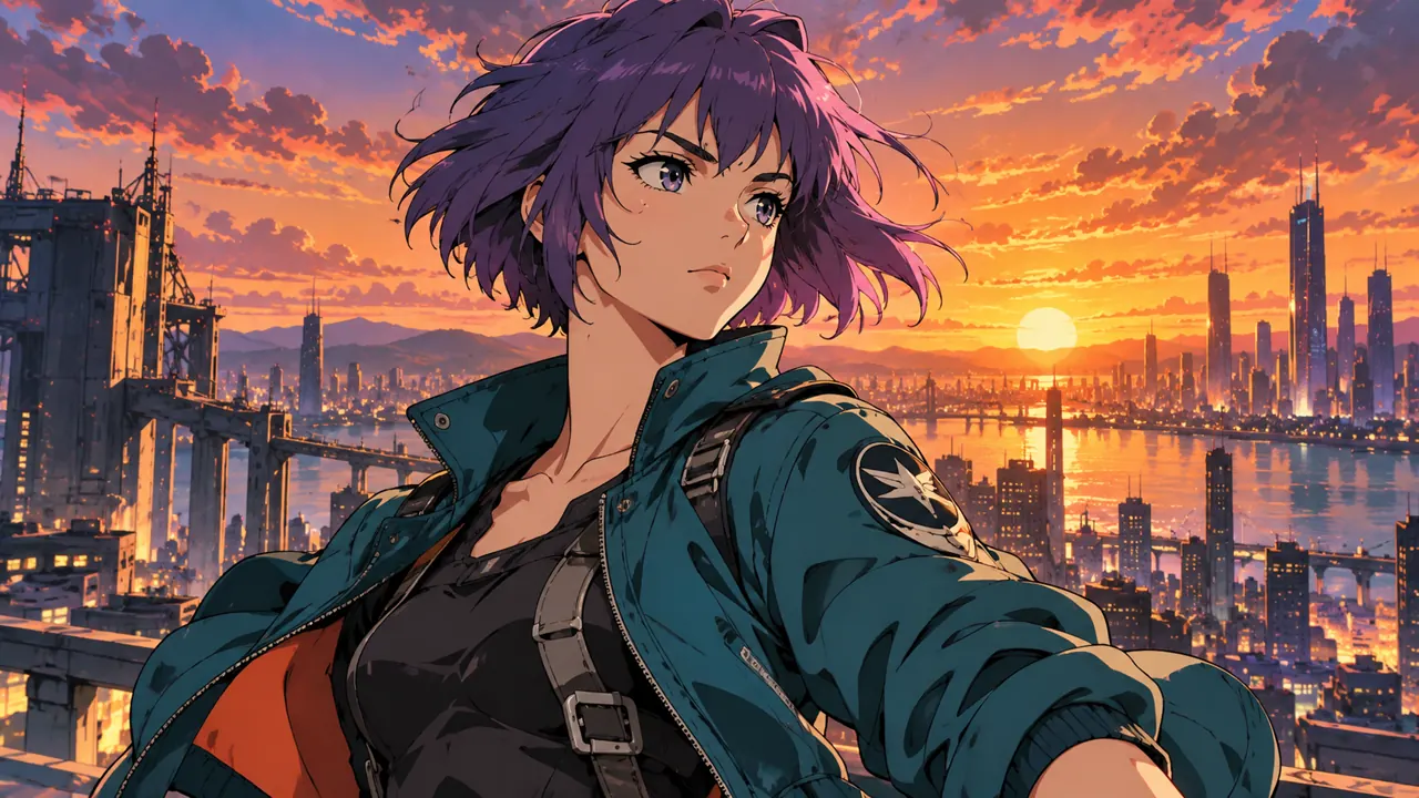 Jovem heroína de cabelo violeta em cena de anime