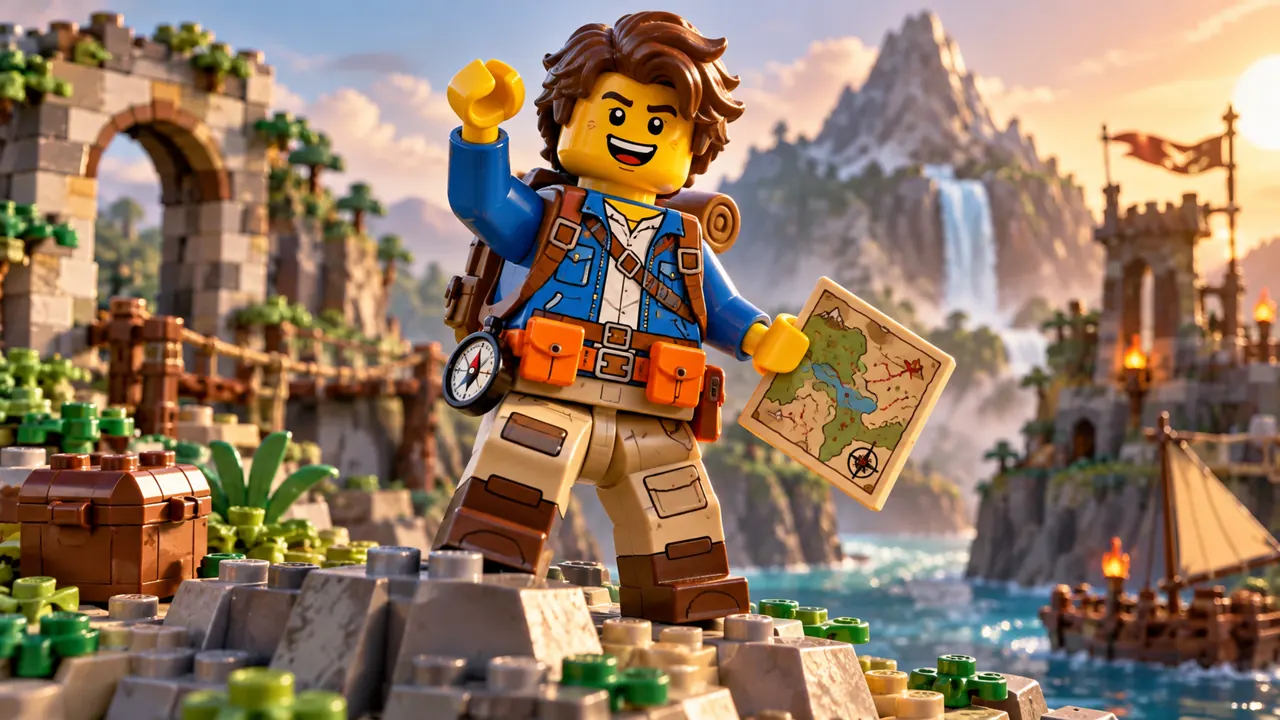 Personagem aventureiro de animação feito com blocos de montar