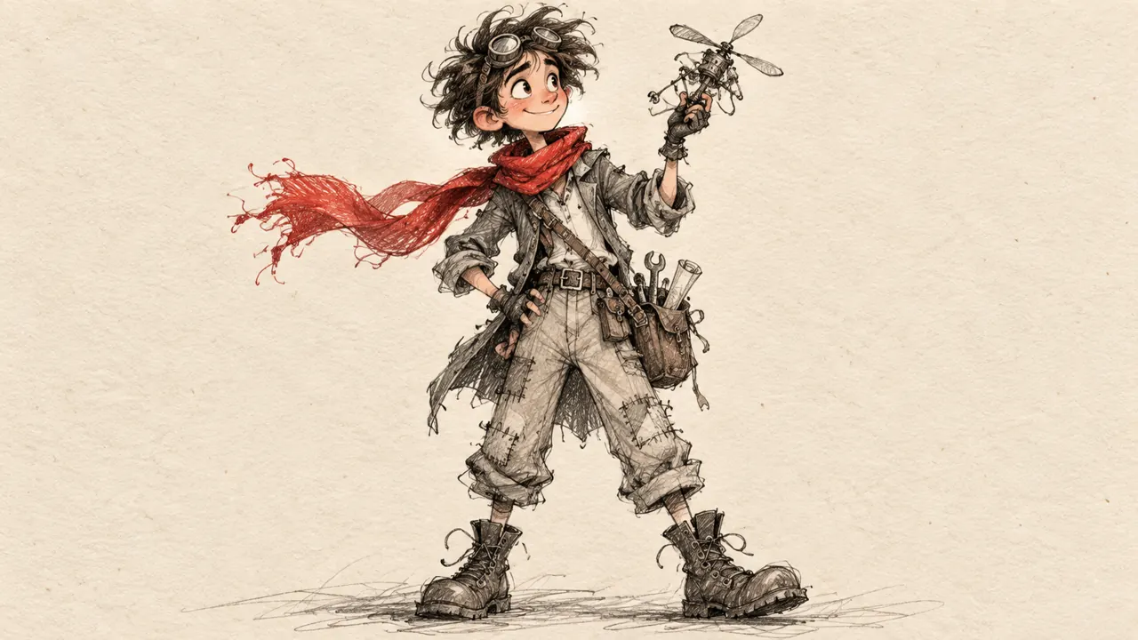 Personagem inventor desenhado com rabiscos e lápis sobre papel