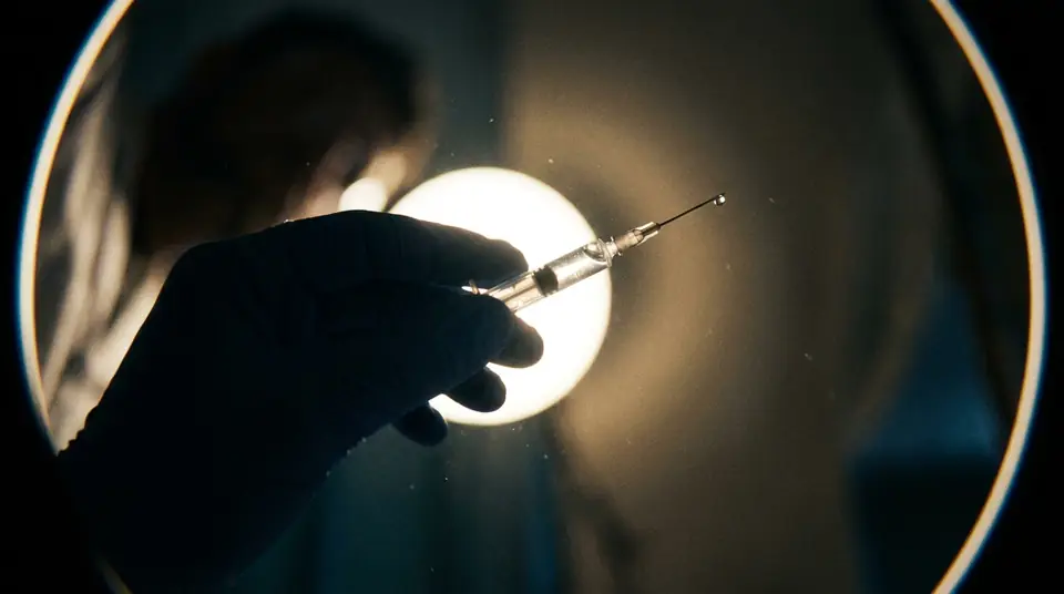 Mão enluvada segurando uma seringa diante de uma luz circular