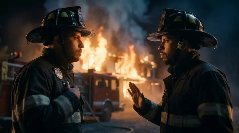 Dois bombeiros conversam diante de uma casa em chamas