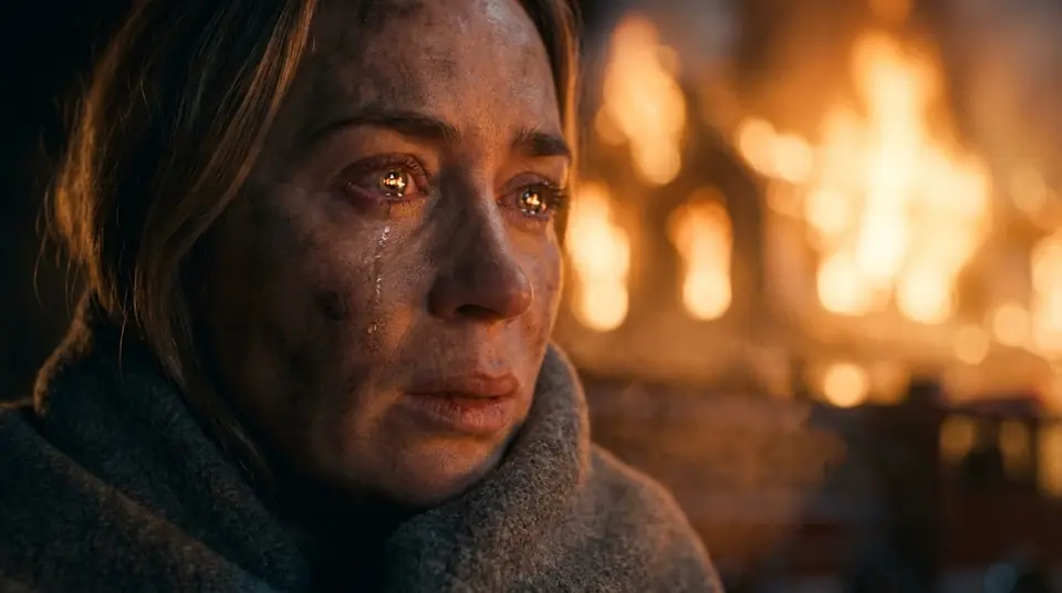 Close de mulher emocionada com um incêndio ao fundo