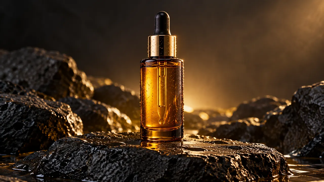 Sérum de skincare em vidro âmbar sobre pedra molhada